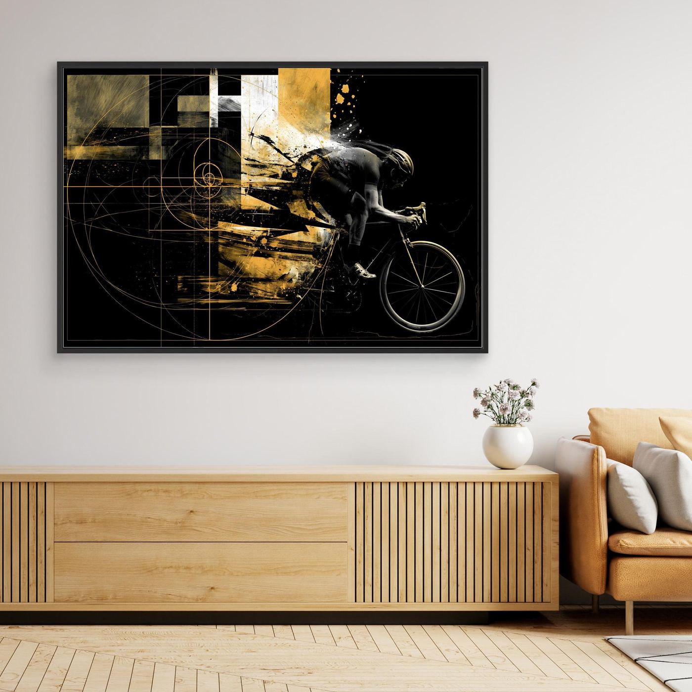 Golden Velocity Rennradkunst Leinwand | Abstraktes Rennrad Wandbild