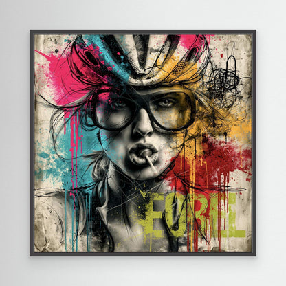 Pop-Art Rennradfahrerin Leinwandbild – Farbenfrohe moderne Radsportkunst