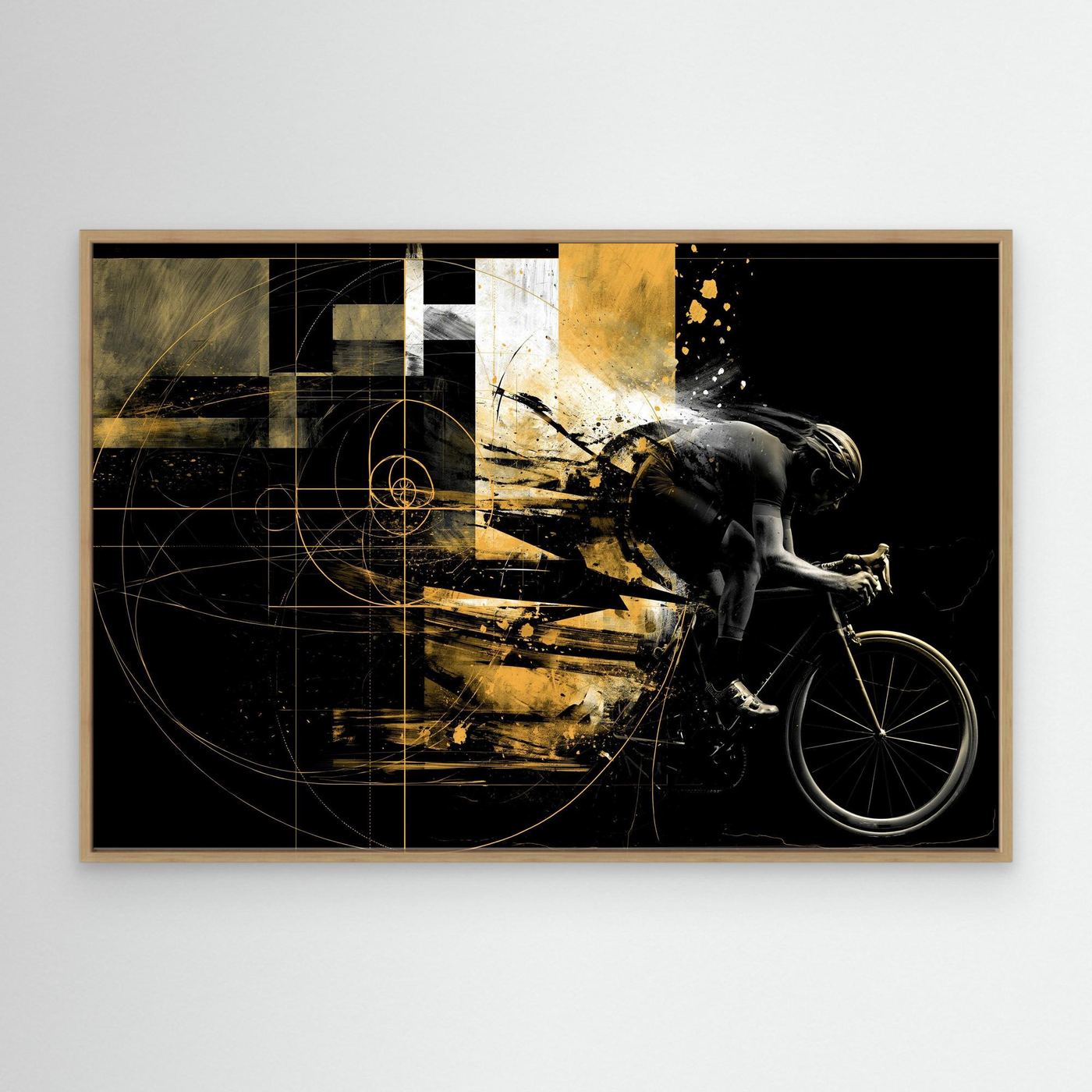 Golden Velocity Rennradkunst Leinwand | Abstraktes Rennrad Wandbild