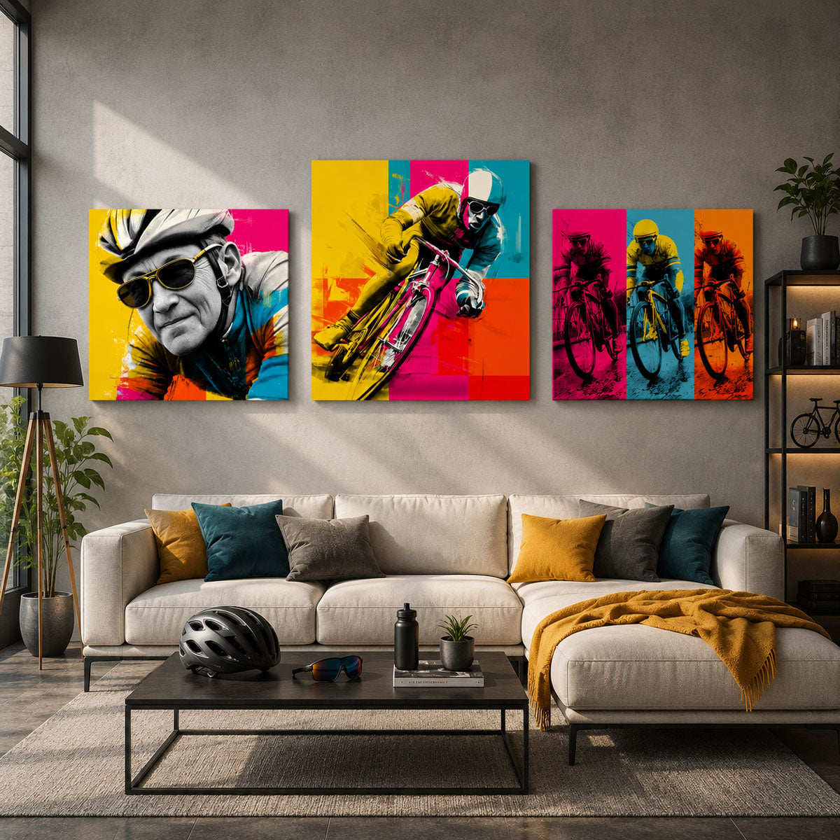 Farbenfrohes Pop-Art Trio aus drei dynamischen Rennradfahrern auf Leinwand