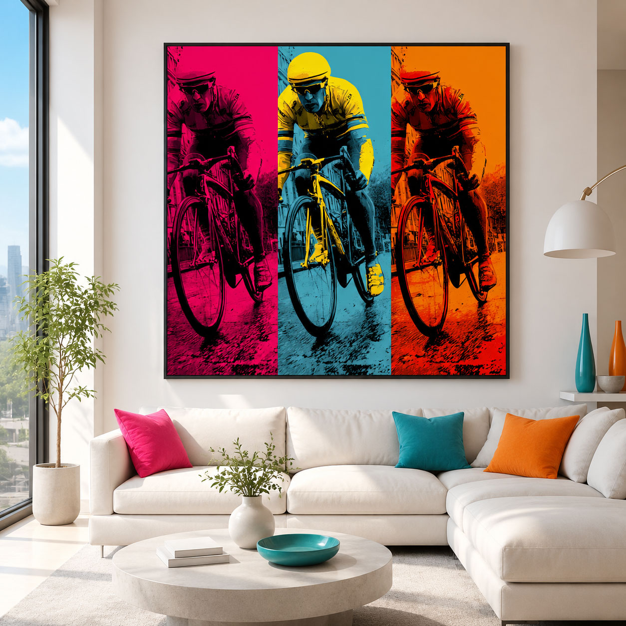 Pop-Art Rennradfahrer Trio – Radsport Leinwandbild in kräftigen Farben