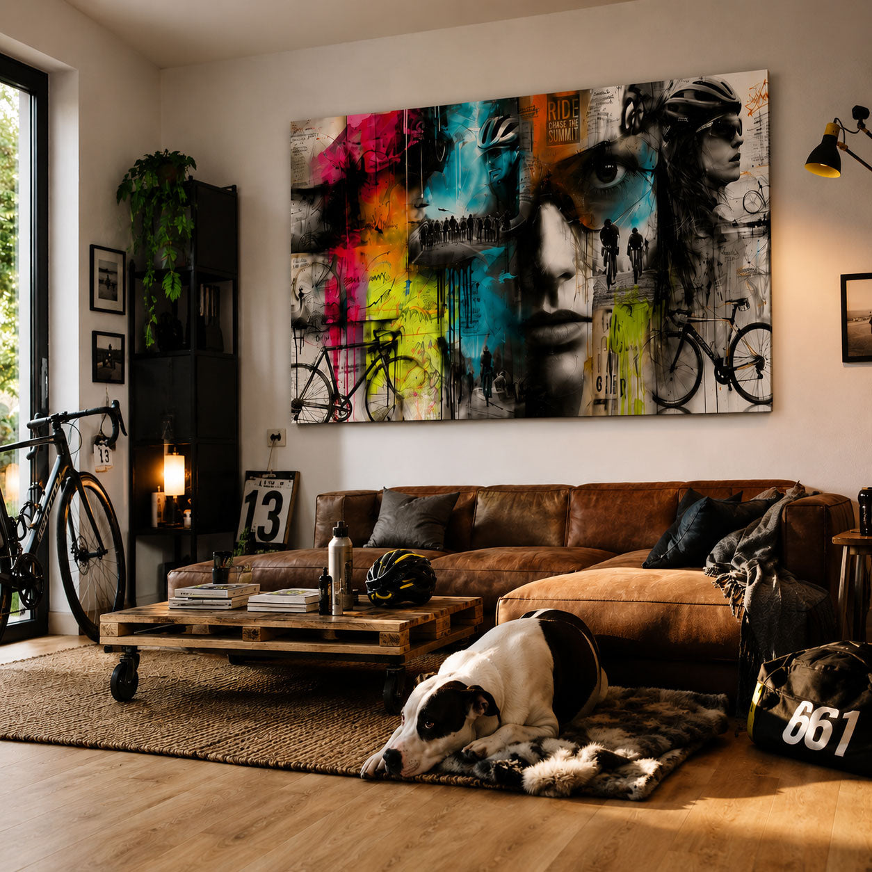 Rennrad Wohnzimmer Wandbild – Moderne Cycling Collage auf Leinwand