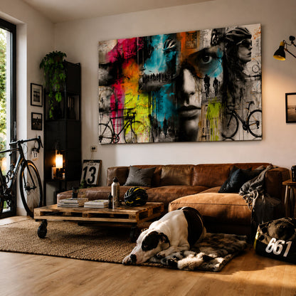 Rennrad Wohnzimmer Wandbild – Moderne Cycling Collage auf Leinwand